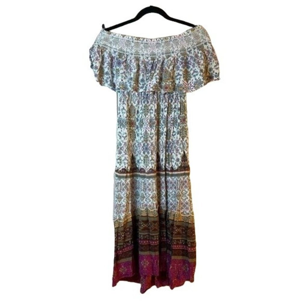 Patrons of Peace Midi Dress XS Raspberry Blue Peasant Off Shoulder